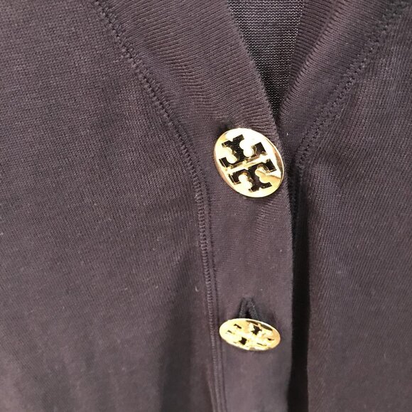 Tory Burch Cardigan Sweater Womens Medium Navy Blue Gold Logo Buttons V Neck - Picture 3 of 7